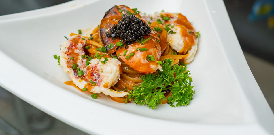 Seafood pasta with lobster meat, lobster sauce and caviar