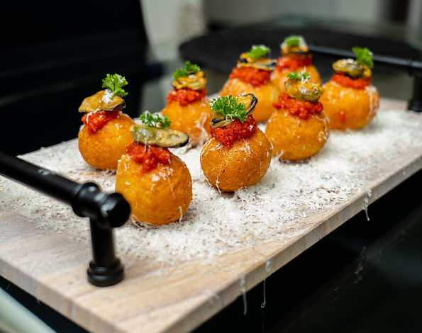 Parmesan Arancini with Romesco Sauce and Smoked Mussels
